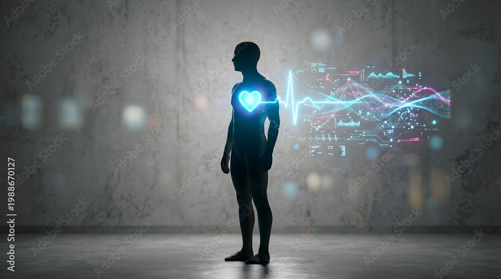 Fototapeta premium A person with glowing heart, symbol of healthcare, medicine concept