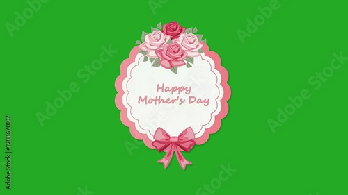 Happy Mothers Day Greeting Card with Pink Roses and Bow on Green Screen.