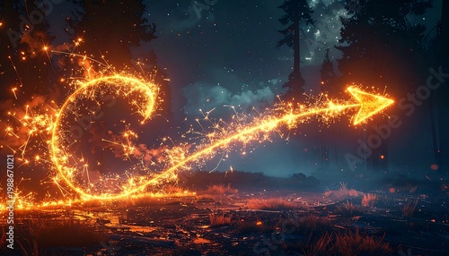 A vibrant, glowing arrow crafted from sparks trails through a dark forest, suggesting direction and movement against a hazy backdrop
