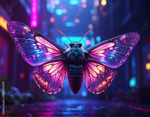 A vibrant, glowing butterfly in a neon-lit alleyway, the insect's wings showcasing intricate color blends