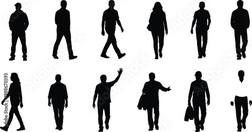 Vector silhouettes of men and women walking, waving, and standing, diverse group of casual figures for architectural visualization and urban design.