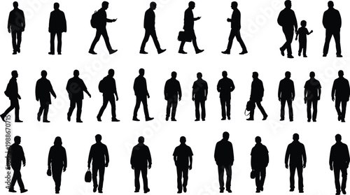 Vector silhouettes of men walking and standing in diverse poses, casual male figures collection for architectural visualization and urban design sets.