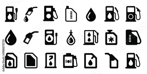 Gas Station and Oil Industry Icon Set, Fuel Pump and Jerry Can Symbols