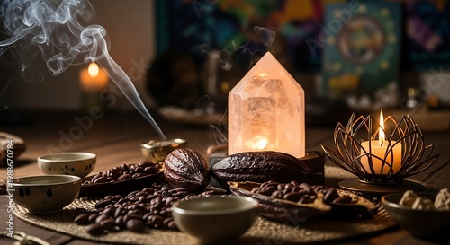 Aromatic ritual setup cacao, crystals, incense, and lit candles on wood