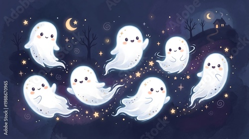 Seven cute ghost characters floating in the night sky with a backdrop of a haunted house on a hill, creating a whimsical and spooky atmosphere. They are surrounded by stars and a crescent moon