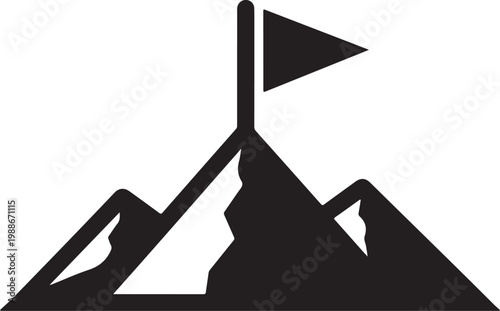 Mountain peak flag icon, summit achievement symbol, black silhouette graphic, adventure logo element