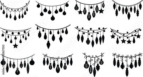 Christmas holiday black silhouette collection of various string lights and festive illuminations
