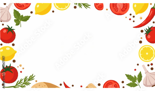 Colorful food ingredients frame vector with vegetables herbs and cooking border on white
