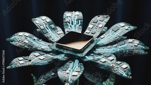 Futuristic robotic flower made of circuit boards with blue lights