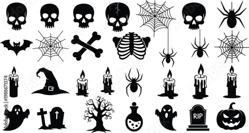 Halloween silhouette icons featuring spooky skulls spiders web ghosts and graveyard decorations