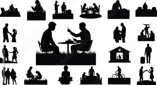 Various people black silhouette collection engaging in everyday activities and interactions