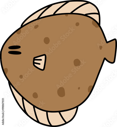 Adorable Brown Flatfish Flounder Character Kawaii Ocean Illustration
