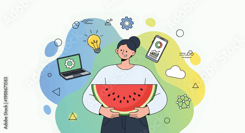 A young man happily holds a large slice of watermelon surrounded by a laptop computer with eco friendly symbols and a smartphone on a colorful background with various icons and shapes floating around.