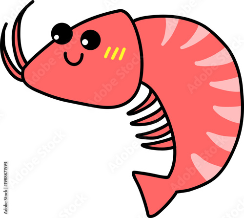 Cute Pink Shrimp Character Kawaii Style Marine Animal Illustration
