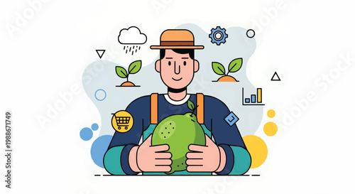 A smiling farmer holds a large green bag surrounded by icons of plants rain cloud gear chart and graph in a flat modern illustration style.