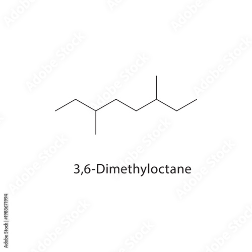 3,6-Dimethyloctane skeletal structure. alkane compound schematic illustration. Simple diagram, chemical formula.