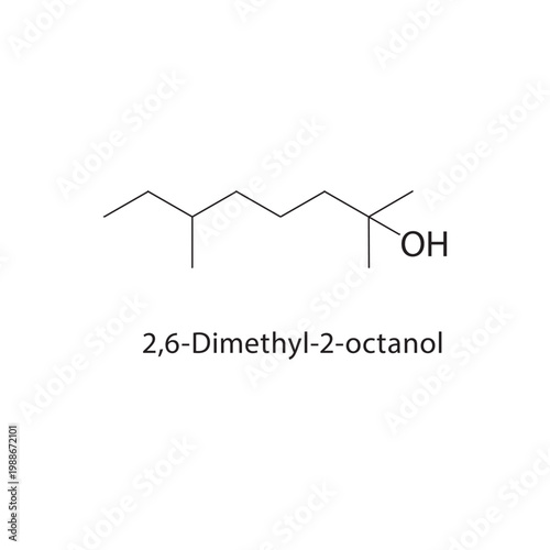 2,6-Dimethyl-2-octanol skeletal structure. alcohol compound schematic illustration. Simple diagram, chemical formula.