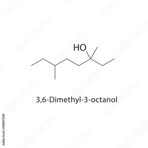 3,6-Dimethyl-3-octanol skeletal structure. alcohol compound schematic illustration. Simple diagram, chemical formula.