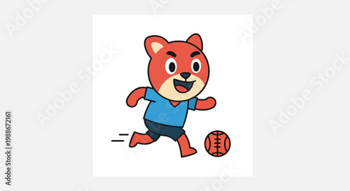 Cartoon bear playing soccer with ball.