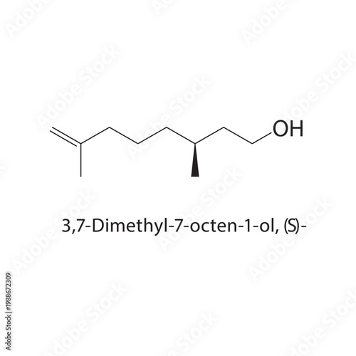 3,7-Dimethyl-7-octen-1-ol, (S) skeletal structure. alcohol compound schematic illustration. Simple diagram, chemical formula.
