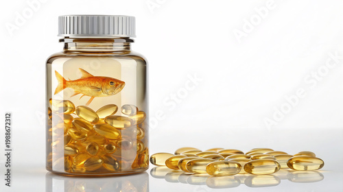 Fish oil capsules in bottle with fish, omega 3 supplement concept, healthcare advertising, nutrition blog, pharmacy banner, wellness product marketing