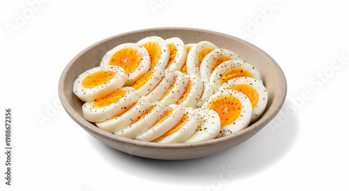 Protein Rich Boiled Egg Slices with Pepper in Bowl Setup