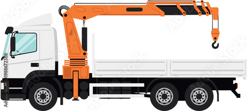 Commercial white flatbed equipment truck with orange hydraulic loader crane vector illustration for heavy construction transportation and industrial logistics.