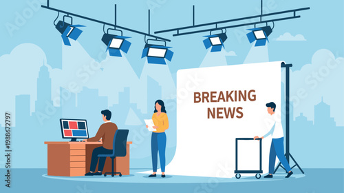 Behind the scenes of a live breaking news television broadcasting studio with media production crew vector illustration.
