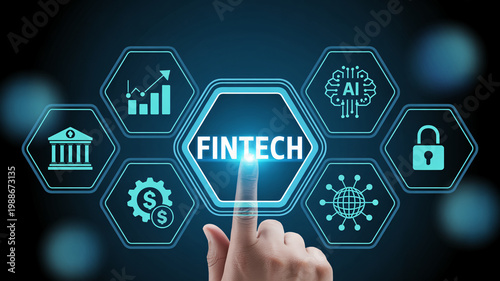 A hand interacts with a futuristic fintech interface featuring various financial and technological icons