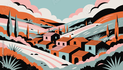 Geometric Flat Vector Illustration of a Serene Hillside Town in Earthy Pastel Tones.eps