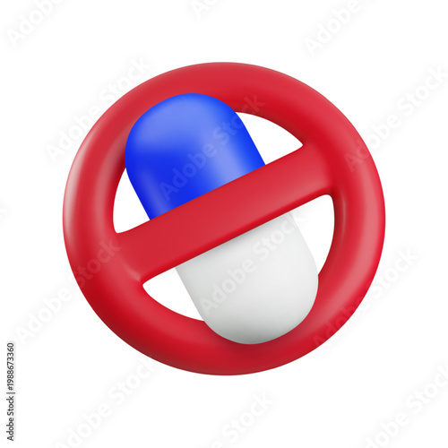 Vector cartoon 3d no pills icon. Prohibition sign of drugs, antibiotic, pills and capsules. 3d render capsule in red circle. Medical restriction. Medical safety concept. Vitamins, antibiotic forbidden