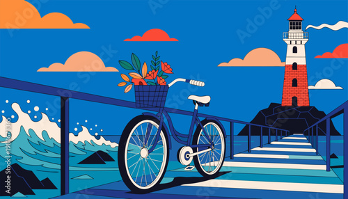 Summer Serenity Illustration of a Flower-Filled Bike on a Wooden Pier.eps