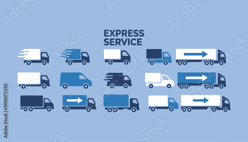 Express delivery service trucks fleet on blue background with text, flat design vector graphic.