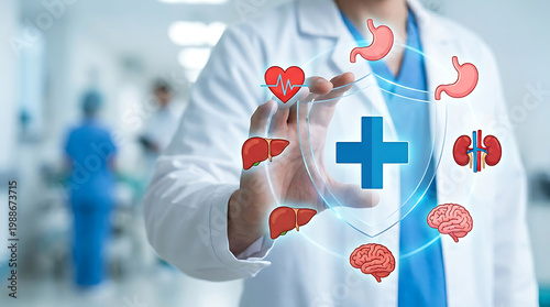 Medical healthcare technology concept, doctor holding digital icons of human organs, internal medicine and diagnostics in hospital clinic