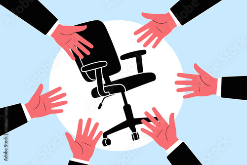 Business people hands reaching for office chair in a circle on blue background