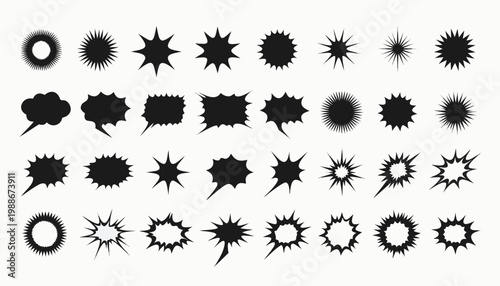 Collection of minimalist vector pop art elements featuring jagged star shapes, comic book stickers, and radial splash icons.eps