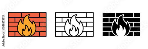 Fire flames on brick wall icons in different colors and styles