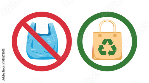 Plastic bag ban and eco friendly reusable bag promotion signs  recycling symbol