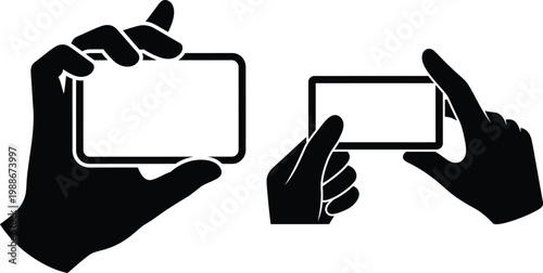 Black silhouette hands holding smartphone set, mobile phone screen mockup vector, person using digital device with blank display for app presentation