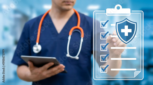Medical insurance health checkup concept, male doctor in blue scrubs with digital clipboard, healthcare insurance policy verification interface