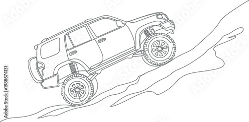 Powerful off road sport utility vehicle climbing up a steep incline captured in a minimalist single continuous black line drawing on a clean white background