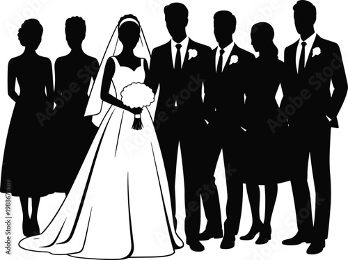 Elegant wedding party silhouette illustration, bride with bouquet, bridesmaids in dresses, groomsmen in suits, formal ceremony group composition, timeless celebration