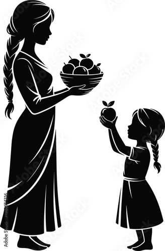 Adult and child silhouettes sharing fruit, nurturing concept, family lifestyle, teaching moment, minimalist design, companionship activity, emotional silhouette art illustration