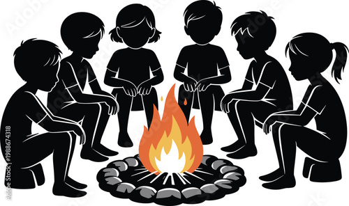Children silhouettes sitting around campfire, colorful flame illustration, outdoor gathering scene, camping lifestyle concept, friendship unity, storytelling activity, adventure silhouette art