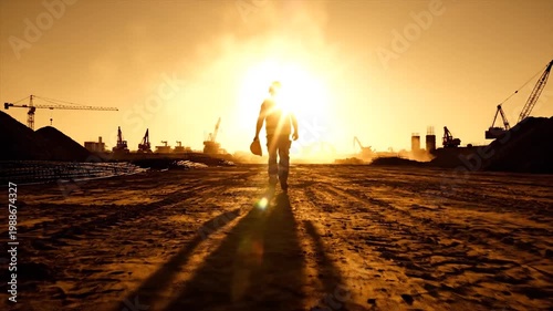 construction worker walking towards sunset on a building site