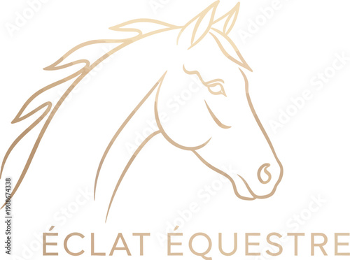 Minimalist golden line art illustration of a majestic horse head profile designed for a luxury equestrian brand logo set against a dark blue solid background