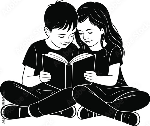 Children silhouettes reading book together, shared learning concept, education lifestyle, curiosity and knowledge, companionship activity, minimalist design, childhood study art