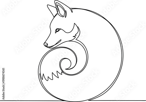 Elegant continuous line drawing of a stylized fox curled into a circular shape showing artistic minimalism and fluid motion for a modern graphic design project