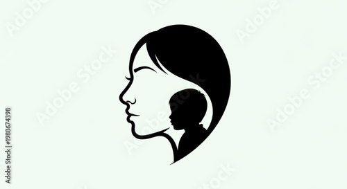 A minimalist vector graphic illustration of a woman's head with a child's silhouette inside her hair