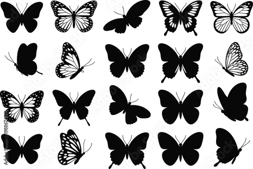 Butterfly silhouette collection illustration, insect vector design, black butterfly outline, isolated butterfly graphic, diverse wing shapes, entomology stock image